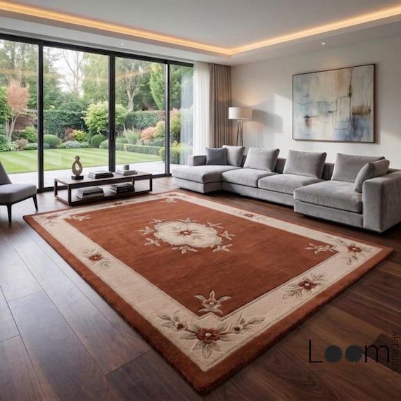 Rust Orange Floral Medallion Rug | 9x12 Hand-Tufted Premium Wool Area Rug | Cream Border Traditional Carpet | Custom Sizes for Living Room