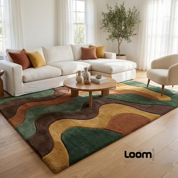 Hand Tufted Abstract Wavy Rug | Retro 70s Style Earth Tone Area Rug | Green, Brown & Mustard Wool Carpet for Living Room | LOOM ART RUGS