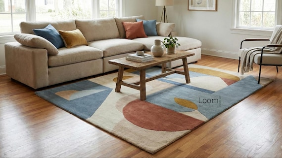Hand Tufted Wool Rug, Abstract Geometric Area Rug, Mid Century Modern Living Room Carpet, Bauhaus Style Decor, Terracotta Blue & Cream Rug
