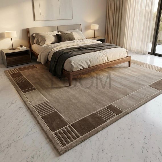 9x12 Modern Geometric Beige Rug Hand Tufted Wool Area Rug Neutral Bordered Carpet Minimalist Living Room Rug Custom Size Rug Aesthetic Rugs