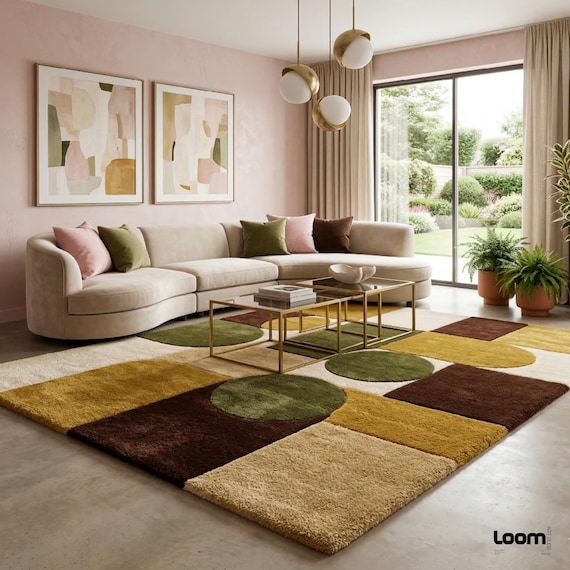 Mid Century Modern Geometric Rug, Retro 70s Area Rug, Olive Green Mustard Yellow Brown Tufted Rug, Abstract Living Room Carpet, Custom Rug