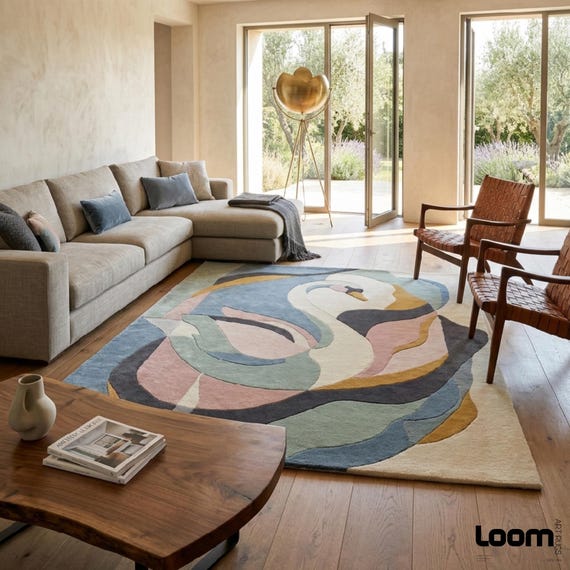 Abstract Swan Area Rug, Pastel Geometric Hand Tufted Wool Carpet, Modern Art Deco Statement Rug for Living Room Bedroom, Loom Art Rugs