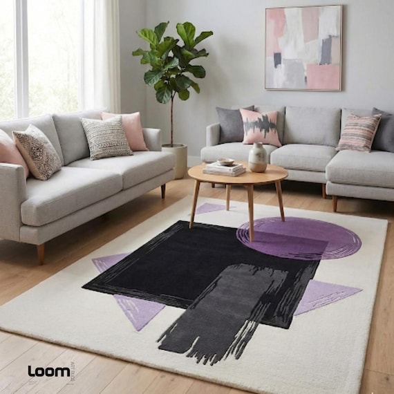 Modern Abstract Geometric Area Rug | Purple, Black & Grey Brushstroke Design Tufted Carpet | Contemporary Living Room Decor | Loom Art Rugs