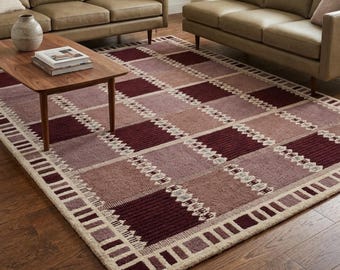 Tappeto in lana a quadri trapuntato a mano 9x12 / Tappeto geometrico bordeaux e malva intenso / Tappeto morbido in stile moderno di metà secolo / Tappeti realizzati su misura con telaio