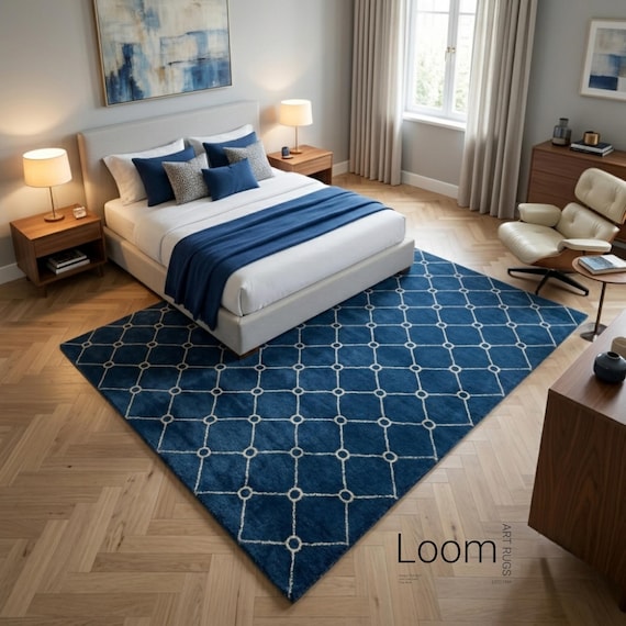 9x12 Navy Blue Geometric Area Rug | Hand Tufted Mid Century Modern Wool Carpet | Trellis Diamond Pattern Rug for Living Room | Custom Size