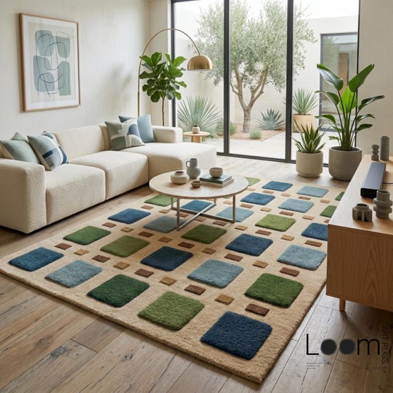Hand Tufted Wool Rug Modern Geometric Grid Area Rug 3D Sculpted Green Blue Checkered Carpet Mid Century Living Room Decor And Bedroom Rug
