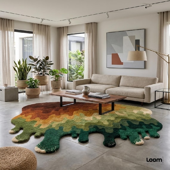Melting Dripping Rug, Abstract Tufted Area Rug, Irregular Shaped Puddle Rug, Earthy Retro 70s Home Decor, Wavy Green and Brown Custom Rug