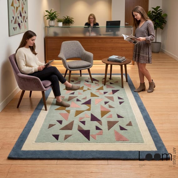 8x10 Geometric Triangle Wool Rug, Hand Tufted Sage Green Area Rug, Mid Century Modern Abstract Mosaic Carpet, Boho Living Room, Bedroom Rug