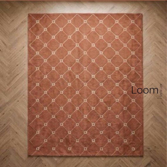 9x12 Terracotta Hand Tufted Wool Rug, Rust Geometric Lattice Area Rug for Living Room, Modern Boho Bedroom Aesthetic Carpet, Custom Size Rug