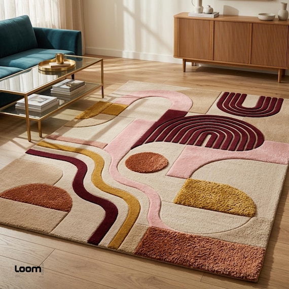 Mid Century Modern Geometric Area Rug | Retro 70s Abstract Tufted Rug | Bauhaus Wavy Arch Design for Living Room Bedroom | Loom Art Rugs