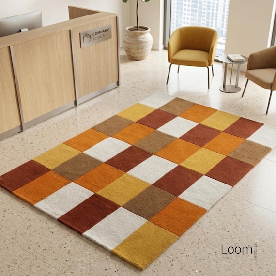 8x10 Mid Century Modern Checkered Wool Rug - Retro 70s Geometric Hand Tufted Rug - Dopamine Decor Orange Brown Area Rug - Custom Size Rug