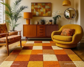 Alfombra de pelo largo estilo retro de los 70 – Alfombra geométrica de felpa naranja y amarilla