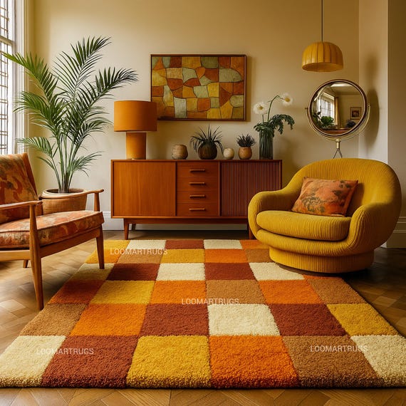 Retro 70s Shag Rug – Geometric Orange & Yellow Plush Carpet