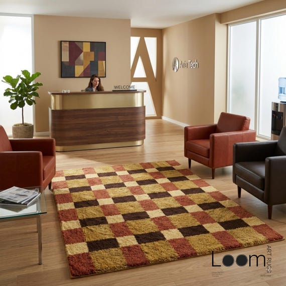 9x12 Hand-Tufted Checkered Wool Rug | 70s Revival Terracotta & Ochre Checkerboard Carpet | Mid-Century Modern Area Rug | Dopamine Decor Loom