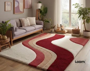 Tappeto in lana annodato a mano, tappeto ondulato astratto, tappeto curvo color bordeaux e crema, arredamento per soggiorno moderno retrò anni '70, tappeto personalizzato a pelo lungo e basso