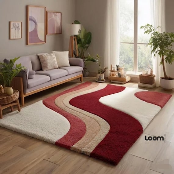 Hand Tufted Wool Rug, Abstract Wavy Area Rug, Burgundy & Cream Curved Carpet, Retro 70s Modern Living Room Decor, High Low Pile Custom Rug