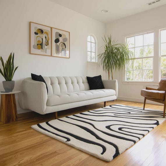 Modern Abstract Black and White Rug | Minimalist Line Art Area Carpet | Contemporary Living Room Decor | Handmade Wool Floor Rug