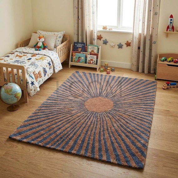 Hand Tufted Sunburst Area Rug | Modern Abstract Terracotta & Blue Statement Carpet | Mid Century Modern Boho Living Room And Bedroom Floor