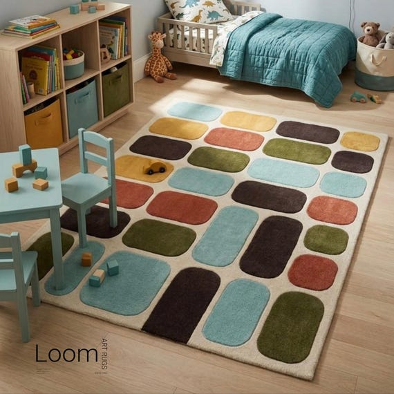 Mid Century Modern Wool Rug, Hand Tufted Retro Geometric Area Rug, Colorful Abstract Block Rug for Living Room, High Pile Aesthetic Floor