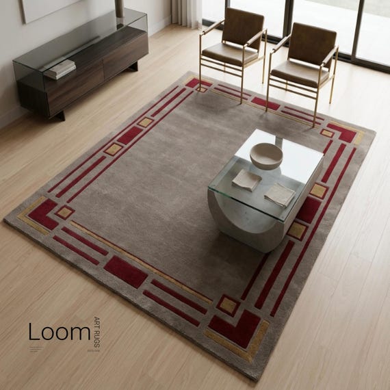9x12 Art Deco Geometric Area Rug, Hand-Tufted Taupe Brown Rug with Red & Gold Border, Modern Living Room Carpet, Custom Size Bedroom Area Ru