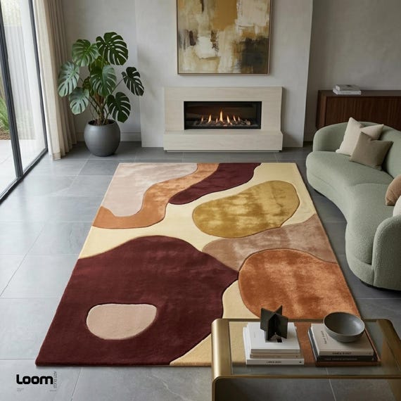 Abstract Earth Tone Area Rug | Hand Tufted Modern Boho Wavy Rug | Organic Shape Custom Geometric Carpet for Living Room & Bedroom