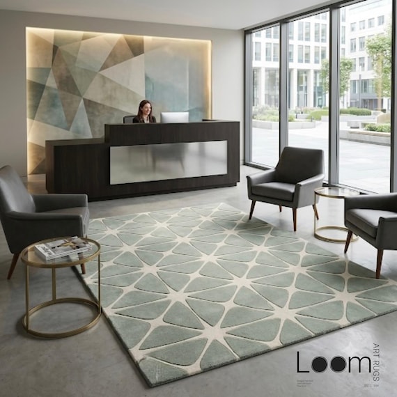 8x10 Sage Green Geometric Wool Rug | Hand Tufted Modern Minimalist Area Carpet | Custom Size Mid-Century Room Decor | Loom Art Rugs