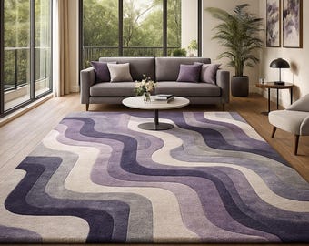 Tappeto moderno con motivo ondulato astratto, tappeto con motivo curvo grigio-viola, tappeto contemporaneo per soggiorno, morbido tappeto per camera da letto, arredamento alla moda per la casa