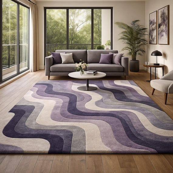 Modern Abstract Wave Area Rug, Purple Grey Curvy Pattern Carpet, Contemporary Living Room Rug, Soft Bedroom Floor Rug, Trendy Home Decor