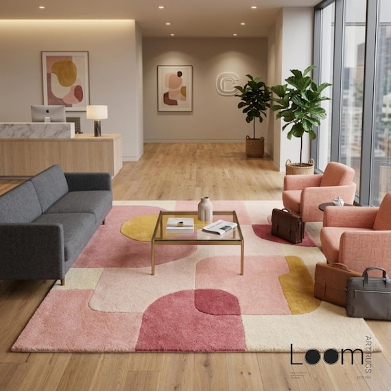 Hand Tufted Abstract Area Rug | 8x10 Pastel Dopamine Decor Color Block Carpet | Pink & Mustard Geometric Wool Rug | Organic Modern MCM Room