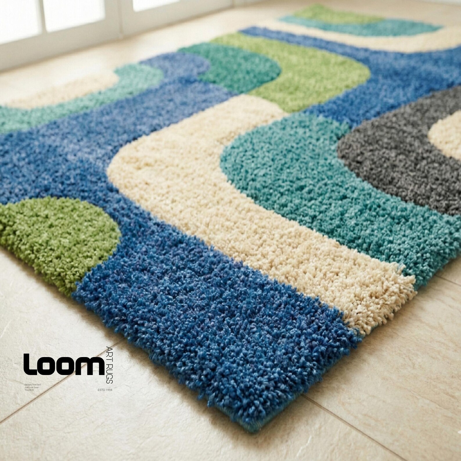 Hand Tufted Abstract Rug, Blue Green Wave Wool Area Rug, Modern Living ...