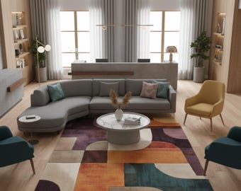 Tappeto geometrico moderno / Tappeto da soggiorno astratto colorato / Tappeto da pavimento in stile contemporaneo / Arredamento per la casa moderno di metà secolo / Accenti morbidi