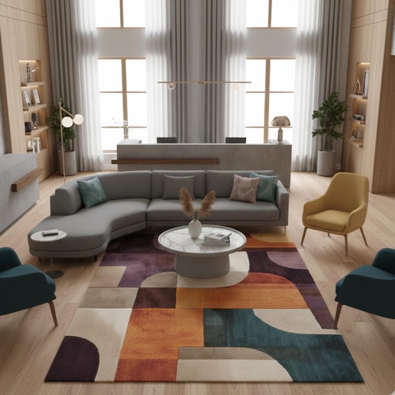 Modern Geometric Area Rug | Abstract Colorful Living Room Carpet | Contemporary Art Floor Rug | Mid-Century Modern Home Decor | Soft Accent