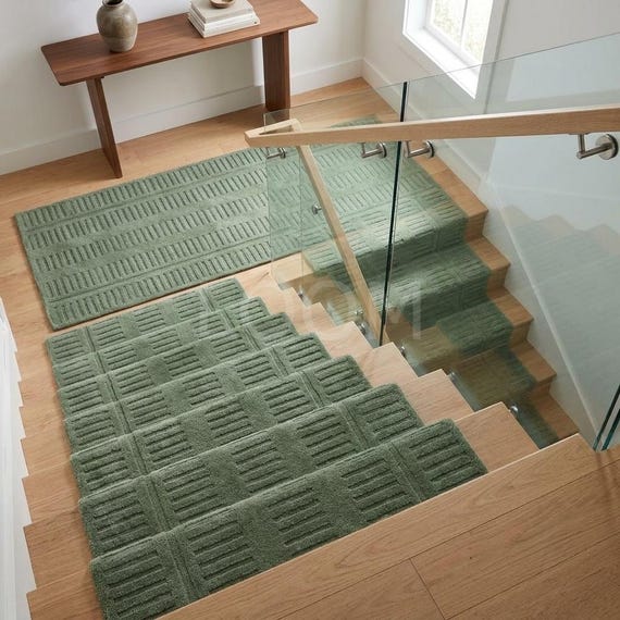 Sage Green Wool Stair Runner Rug, Textured Hand Tufted Stair Treads, Modern Minimalist Hallway Runner, Custom Size Wool Rug, Area Rug 3x10