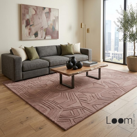 Hand Tufted Pink Geometric Rug | 9x12 Abstract High Low Pile Area Rug | Mauve Organic Modern Carpet | Custom Tufted Wool Rug for Living Room