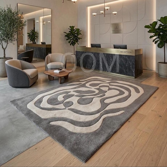 Hand Tufted Abstract Wavy Area Rug | 6x9 Grey and Cream Modern Minimalist Wool Carpet | Custom Contemporary Rug for Living Room, Bedroom 5x8