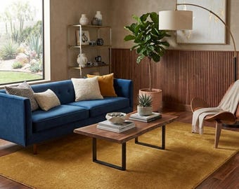 Tappeto in lana a trama profonda color giallo senape 8x10, tappeto trapuntato a mano color oro massiccio per soggiorno, arredamento moderno di metà secolo, tappeto shag di dimensioni personalizzate
