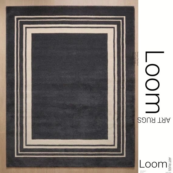 Hand-Tufted Minimalist Border Rug | Modern Charcoal & Cream Geometric Area Rug | Custom Size Wool Carpet for Living Room, Bedroom , Office