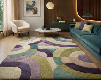Tappeto geometrico astratto annodato a mano – Tappeto retrò moderno di metà secolo – Tappeto in lana verde salvia e viola colorato per soggiorno, camera da letto