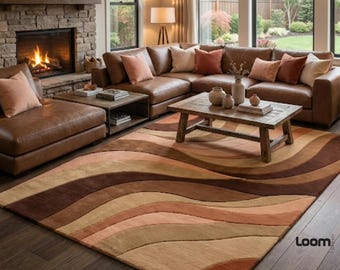 Tappeto a onde astratte annodato a mano / Tappeto moderno Loom Art / Tappeto da soggiorno in terracotta beige-marrone / Decorazione per pavimenti contemporanea