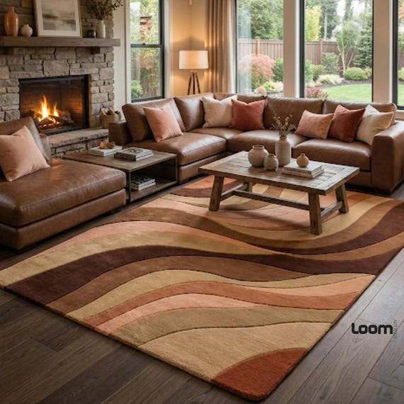 Hand Tufted Abstract Wave Area Rug | Modern Loom Art Carpet | Beige Brown Terracotta Living Room Rug | Contemporary Floor Decor