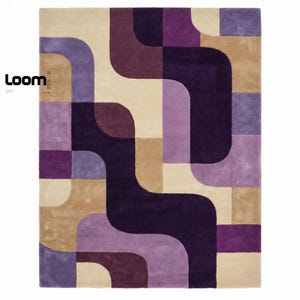 Puede incluir: Una alfombra rectangular con un patr&oacute;n geom&eacute;trico en tonos beige, morado y marr&oacute;n. El dise&ntilde;o presenta formas curvas y rectangulares. La palabra "Loom" es visible en la esquina superior izquierda.