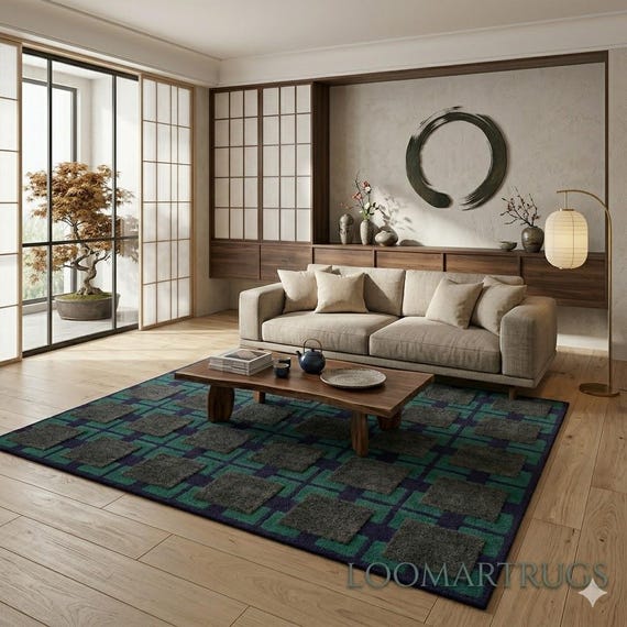 Handmade Hand Tufted Green Area Rug with Black Square Pattern – Modern Canadian Home Décor by LOOMARTRUGS