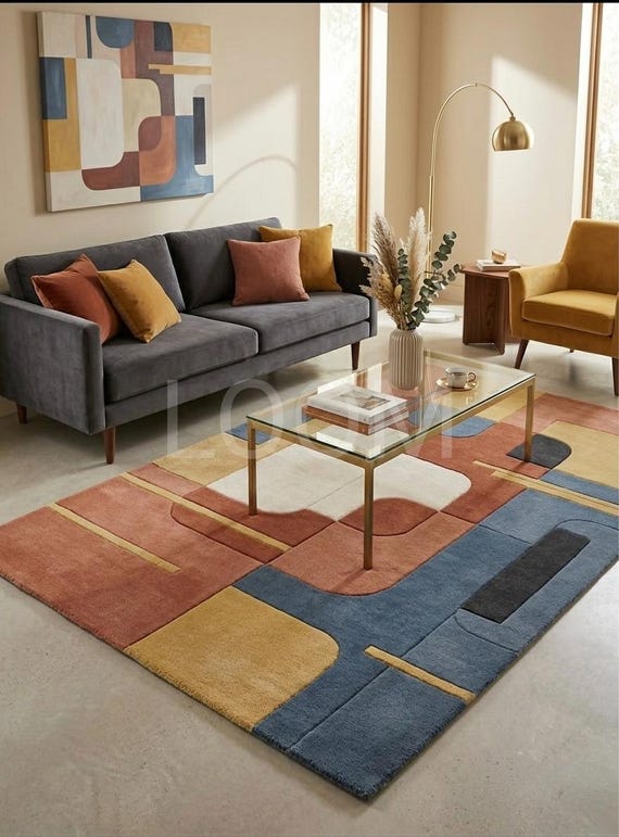 Modern Geometric Abstract Area Rug, Hand-Tufted Wool Carpet for Living Room, Terracotta Mustard Blue High-Low Pile Rug, Custom Bedroom Rug