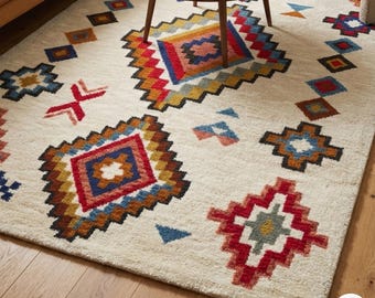 Tappeto geometrico in lana trapuntato a mano in stile sud-occidentale / Tappeto colorato con motivo a rombi azteco boho 8 x 10 piedi / Tappeto organico moderno di metà secolo 9x12