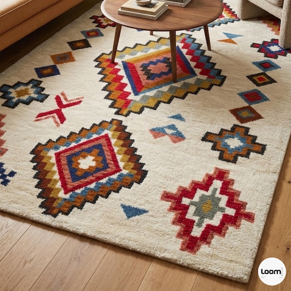 Southwestern Geometric Hand Tufted Wool Rug |  8x10ft Colorful Boho Aztec Diamond Pattern Carpet | Mid Century Modern Organic Area Rug 9x12
