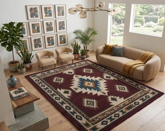 Tappeto bordeaux sud-occidentale 8 x 10 piedi / Tappeto geometrico tribale Navajo in stile / Tappeto in lana trapuntato a mano a trama profonda per soggiorno / Decorazione boho azteca