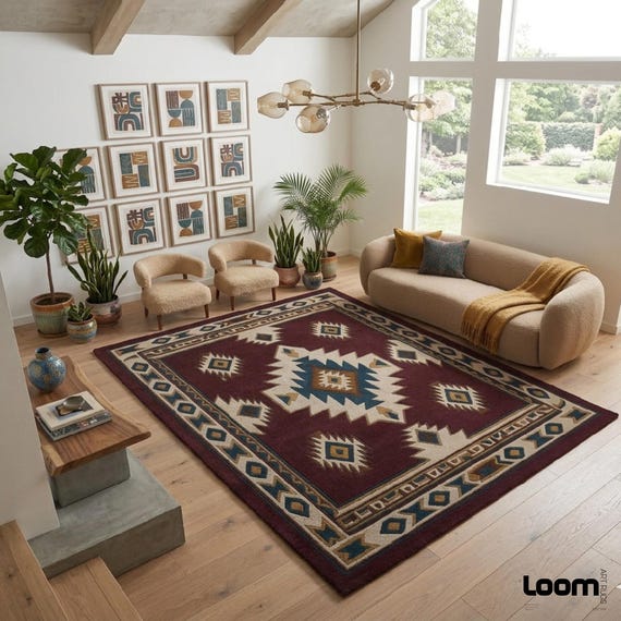 Southwestern Burgundy 8x10ft Rug | Geometric Tribal Navajo Style Rug | Deep Texture Hand-Tufted Wool Carpet for Living Room | Aztec Boho Dec