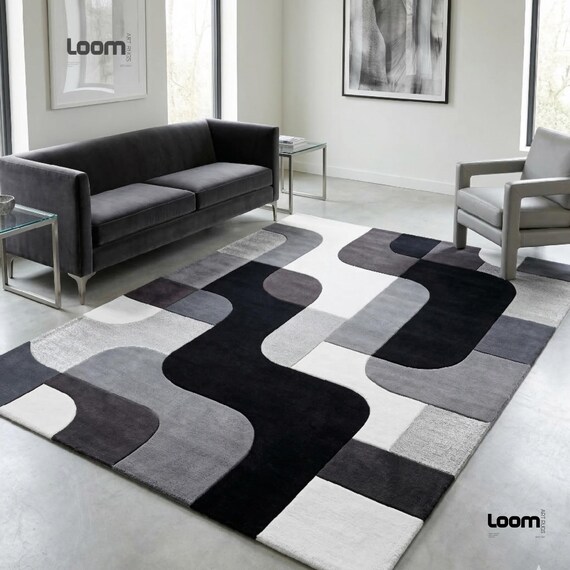 Modern Geometric Area Rug | Black White Grey Wavy Abstract Carpet | Mid Century Modern Living Room Rug | Hand Tufted Bedroom Rug | Minimalis