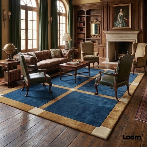 Hand-Tufted Geometric Rug | 10x14 Deep Blue and Camel Color Block Wool Area Rug | Plush Modern Carpet for Living Room & Bedroom | Custom rug