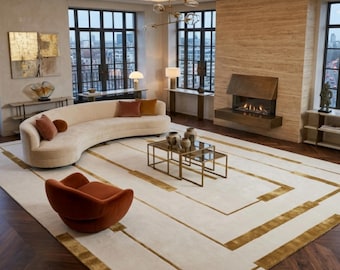 Alfombra geométrica moderna, alfombra Art Déco en crema y dorado, alfombra minimalista para sala de estar, alfombra tejida a mano para dormitorio de Loom Art Rugs